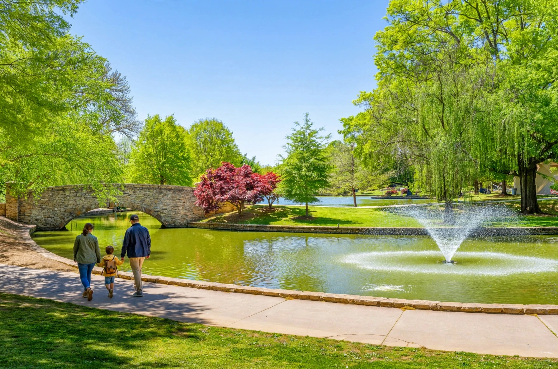 A family walking hand in hand along the lake path at Freedom Park in Charlotte