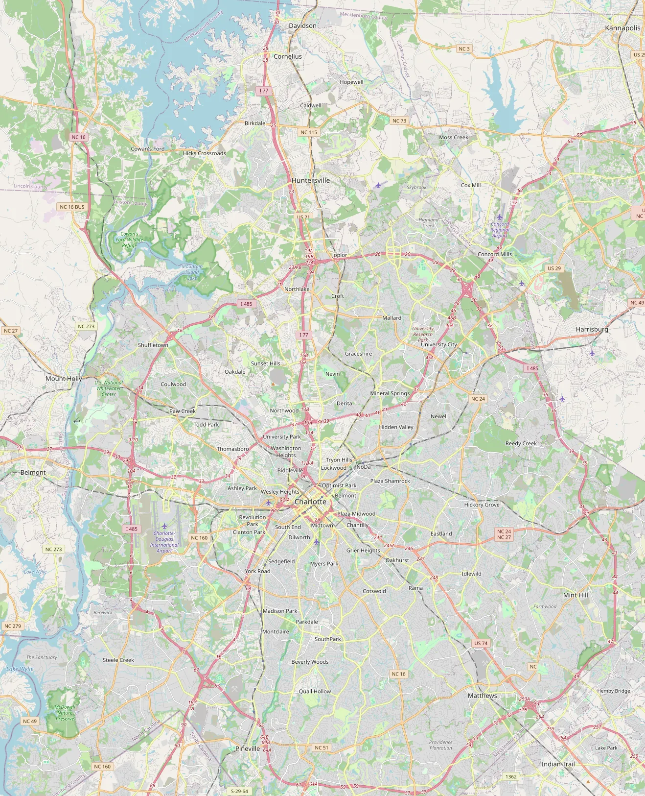 Map of the Charlotte, North Carolina area